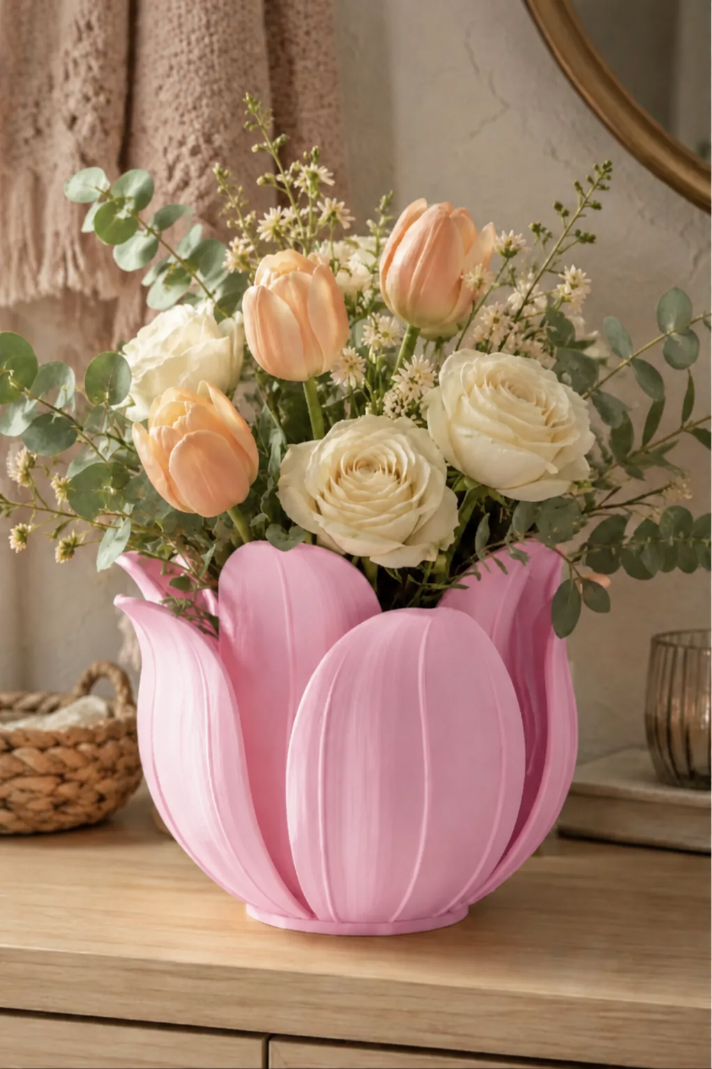 3D Baskı Lotus Yapraklı Vazo - Dekoratif Çiçeklik-Pembe