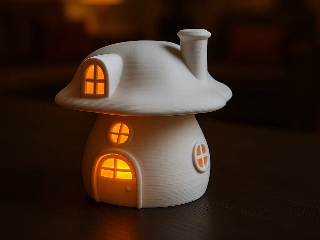 3D Baskı Mantar Ev Tealight Mumluk Bacalı Pencereli Dekoratif Gece Lambası Çocuk Odası Süsü Beyaz
