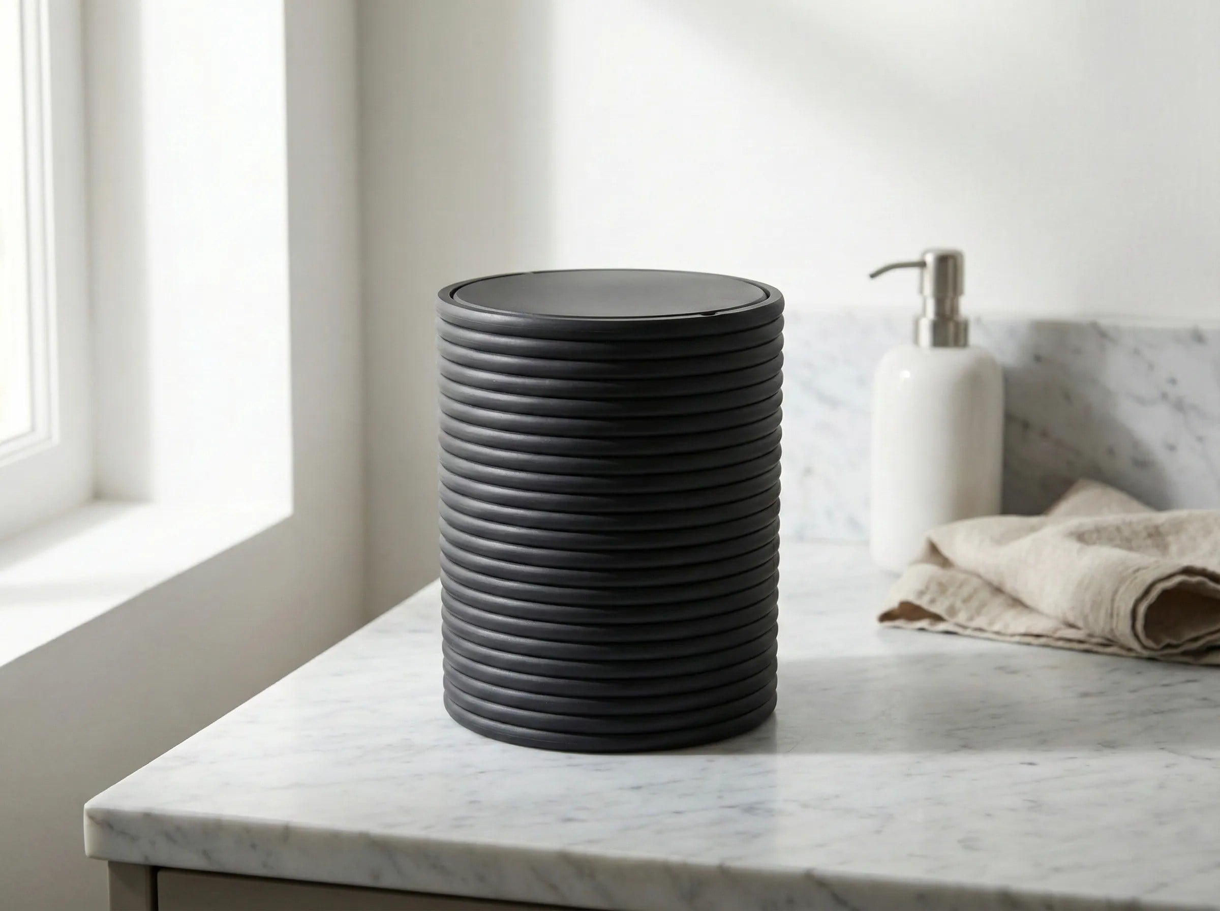 3D Baskı Mini Yivli Çöp Kutusu Sallanır Kapaklı Masaüstü Banyo Makyaj Masası Kovası 12x9 cm Antrasit
