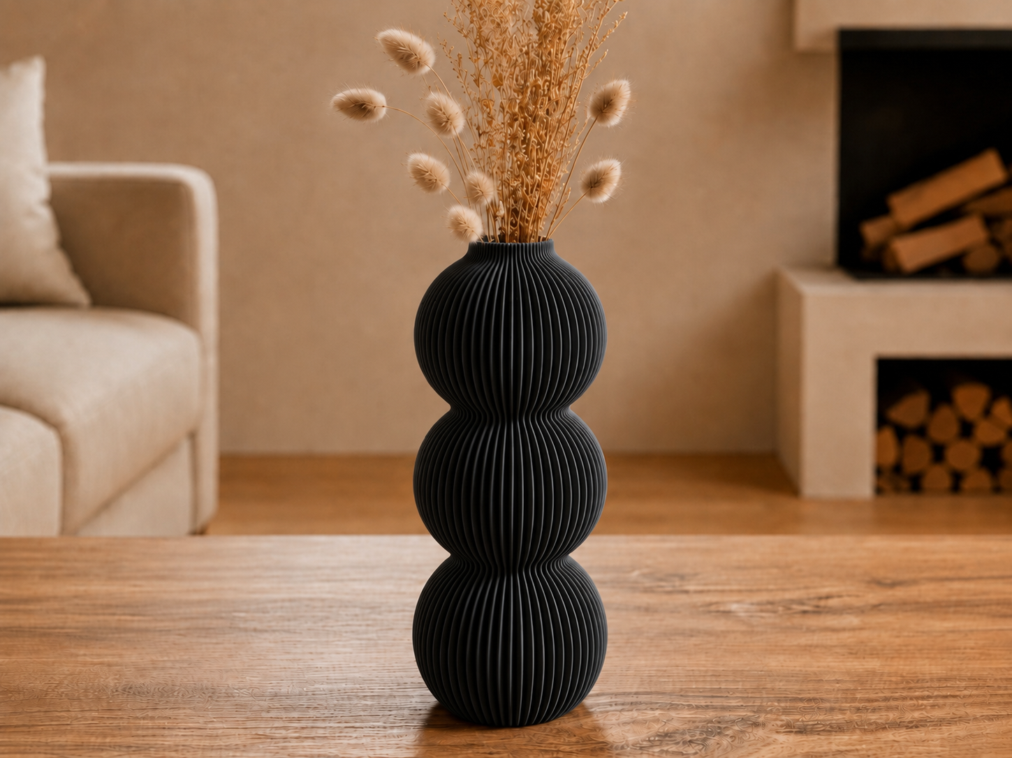 3D Baskı Modern 3 Küre Dekoratif Vazo - Minimal Çiçek Vazosu, Masaüstü Ev ve Ofis Dekoru-Siyah