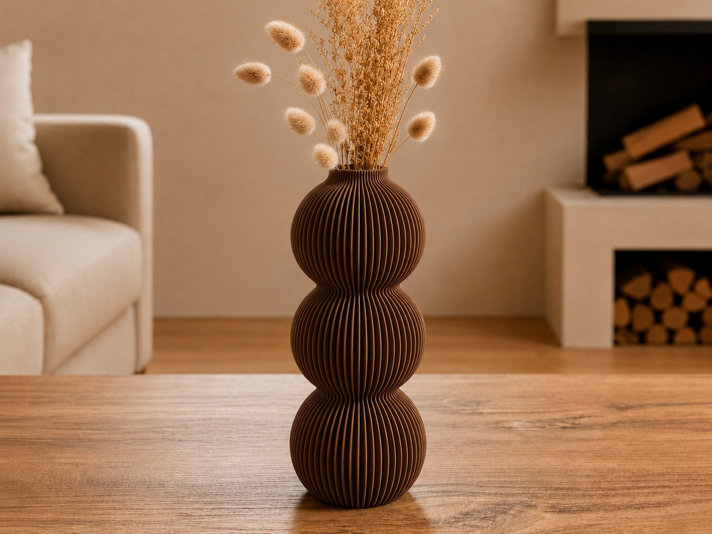 3D Baskı Modern 3 Küre Dekoratif Vazo - Minimal Çiçek Vazosu, Masaüstü Ev ve Ofis Dekoru-Kahverengi