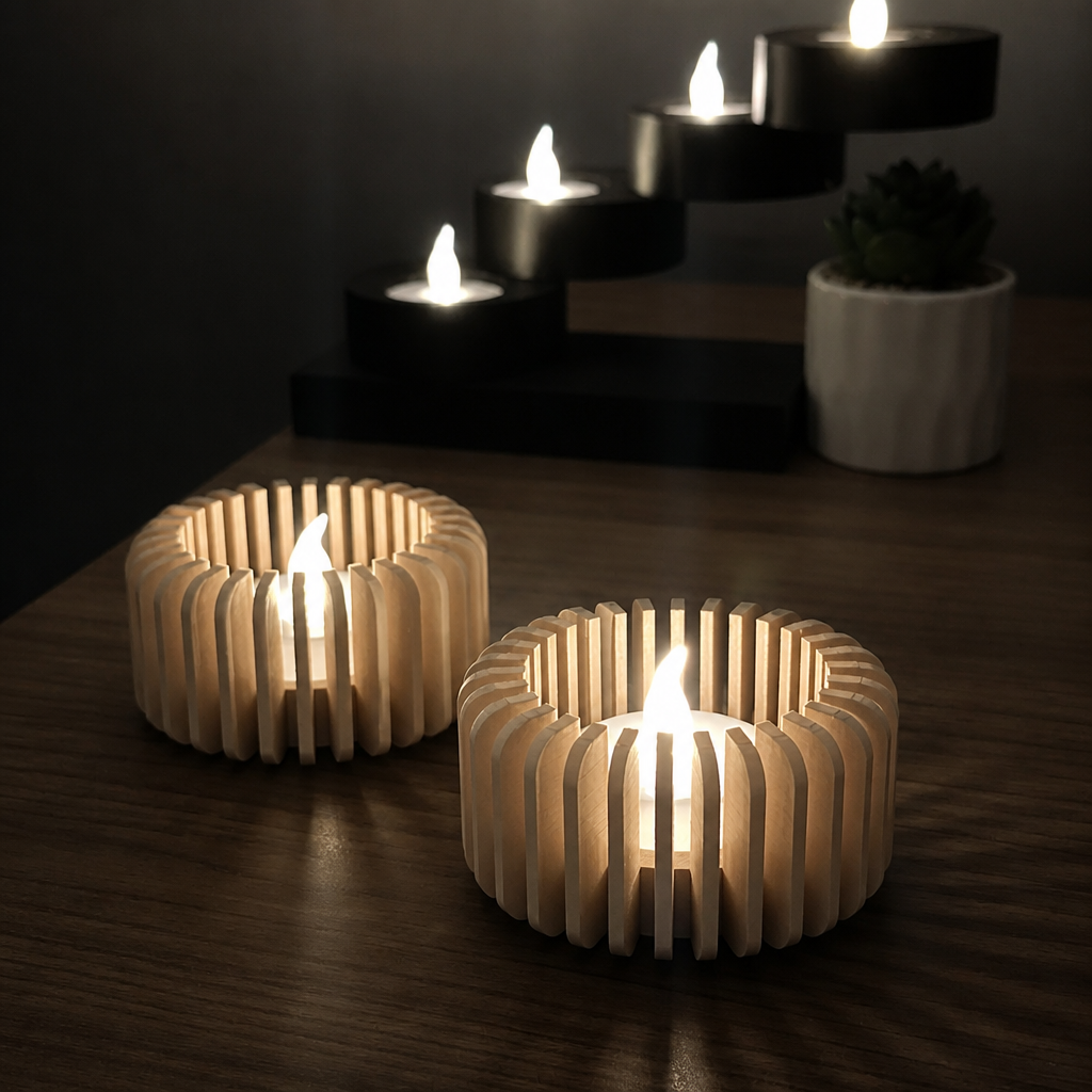 3D Baskı Modern Çizgili Mumluk - Tealight Mumluk (1 Adet)-Bej