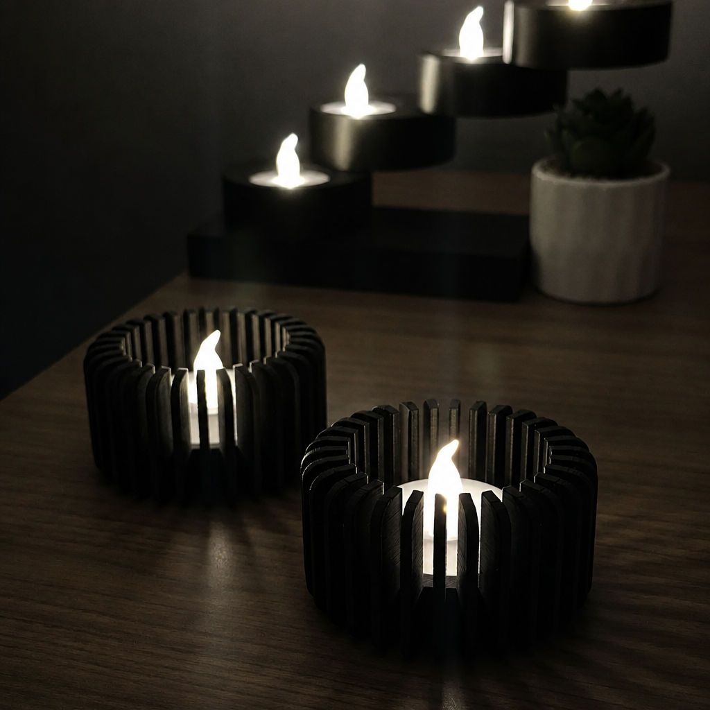 3D Baskı Modern Çizgili Mumluk - Tealight Mumluk (1 Adet)-Siyah