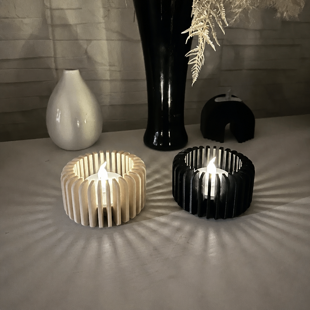 3D Baskı Modern Çizgili Mumluk - Tealight Mumluk (1 Adet)-Bej