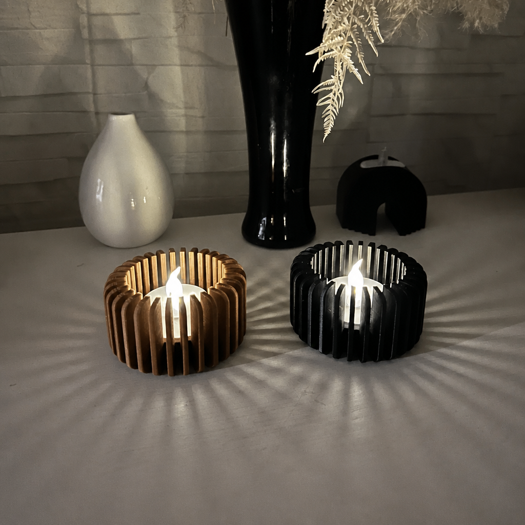 3D Baskı Modern Çizgili Mumluk - Tealight Mumluk (1 Adet)-Kahverengi