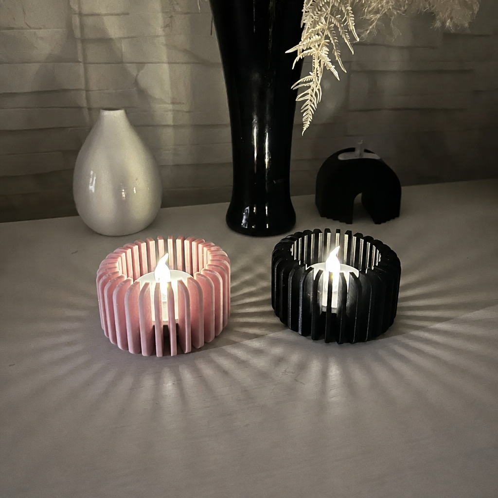 3D Baskı Modern Çizgili Mumluk - Tealight Mumluk (1 Adet)-Pembe
