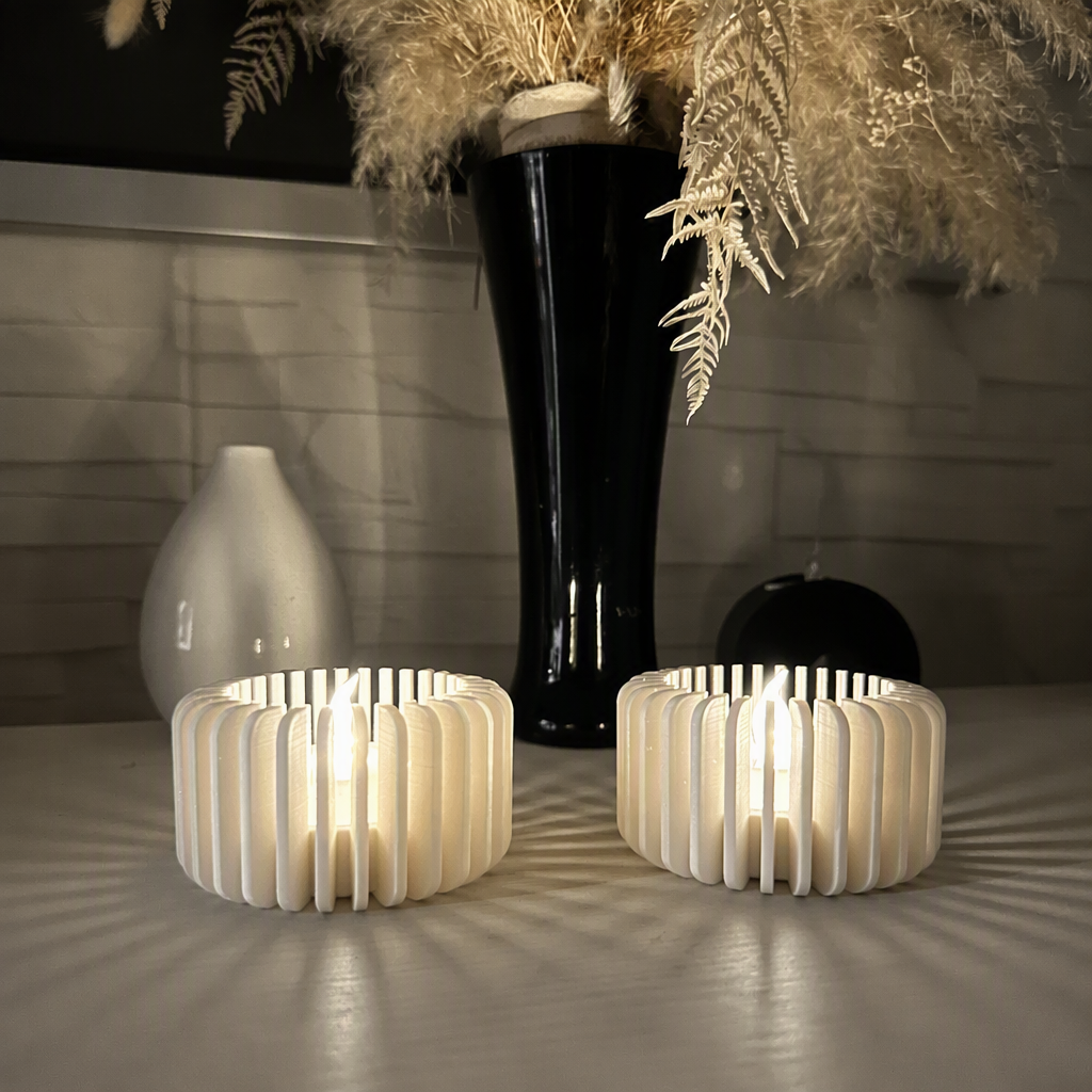 3D Baskı Modern Çizgili Mumluk - Tealight Mumluk (1 Adet)-Beyaz