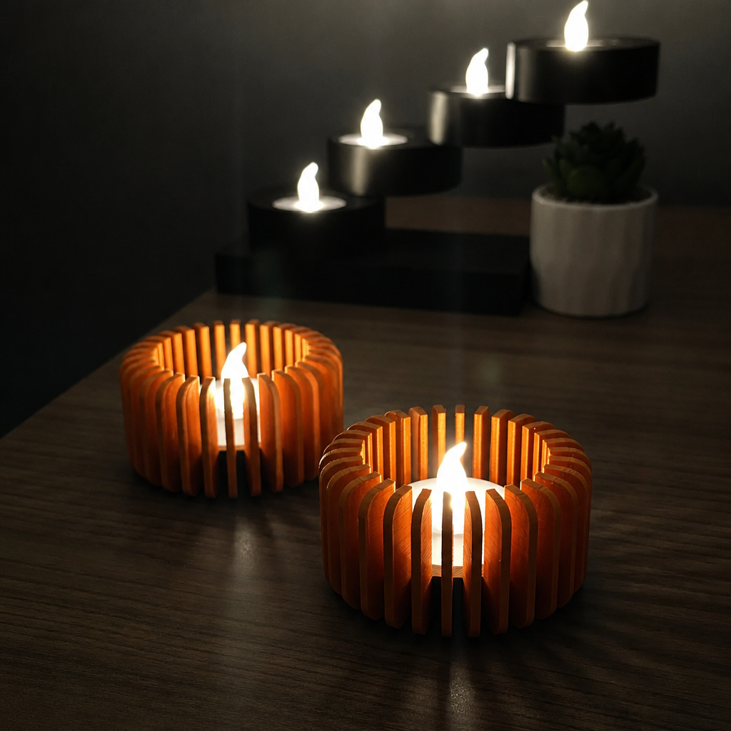 3D Baskı Modern Çizgili Mumluk - Tealight Mumluk (1 Adet)-Turuncu