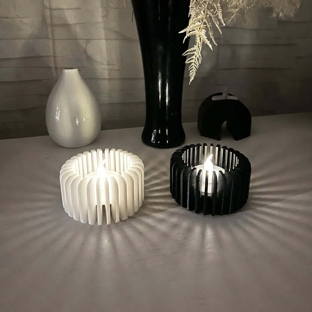 3D Baskı Modern Çizgili Mumluk - Tealight Mumluk (1 Adet)-Beyaz