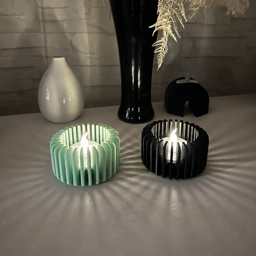 3D Baskı Modern Çizgili Mumluk - Tealight Mumluk (1 Adet)-Mint