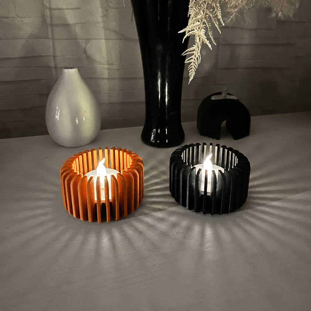 3D Baskı Modern Çizgili Mumluk - Tealight Mumluk (1 Adet)-Turuncu