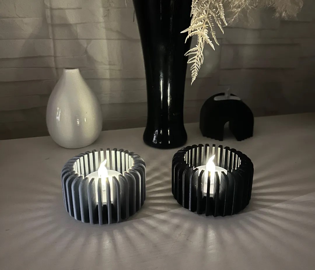 3D Baskı Modern Çizgili Mumluk - Tealight Mumluk (1 Adet)-Gri
