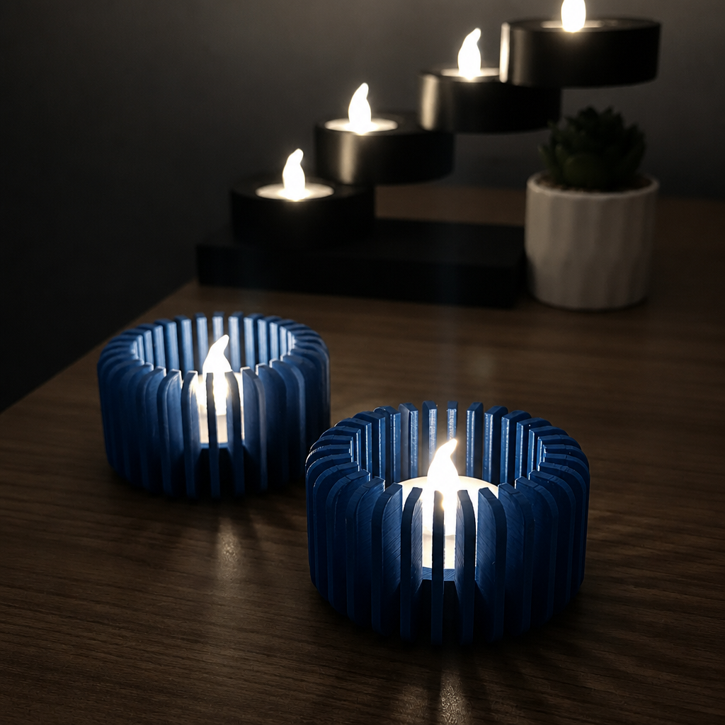 3D Baskı Modern Çizgili Mumluk - Tealight Mumluk (1 Adet)-Mavi