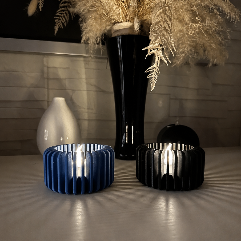 3D Baskı Modern Çizgili Mumluk - Tealight Mumluk (1 Adet)-Mavi