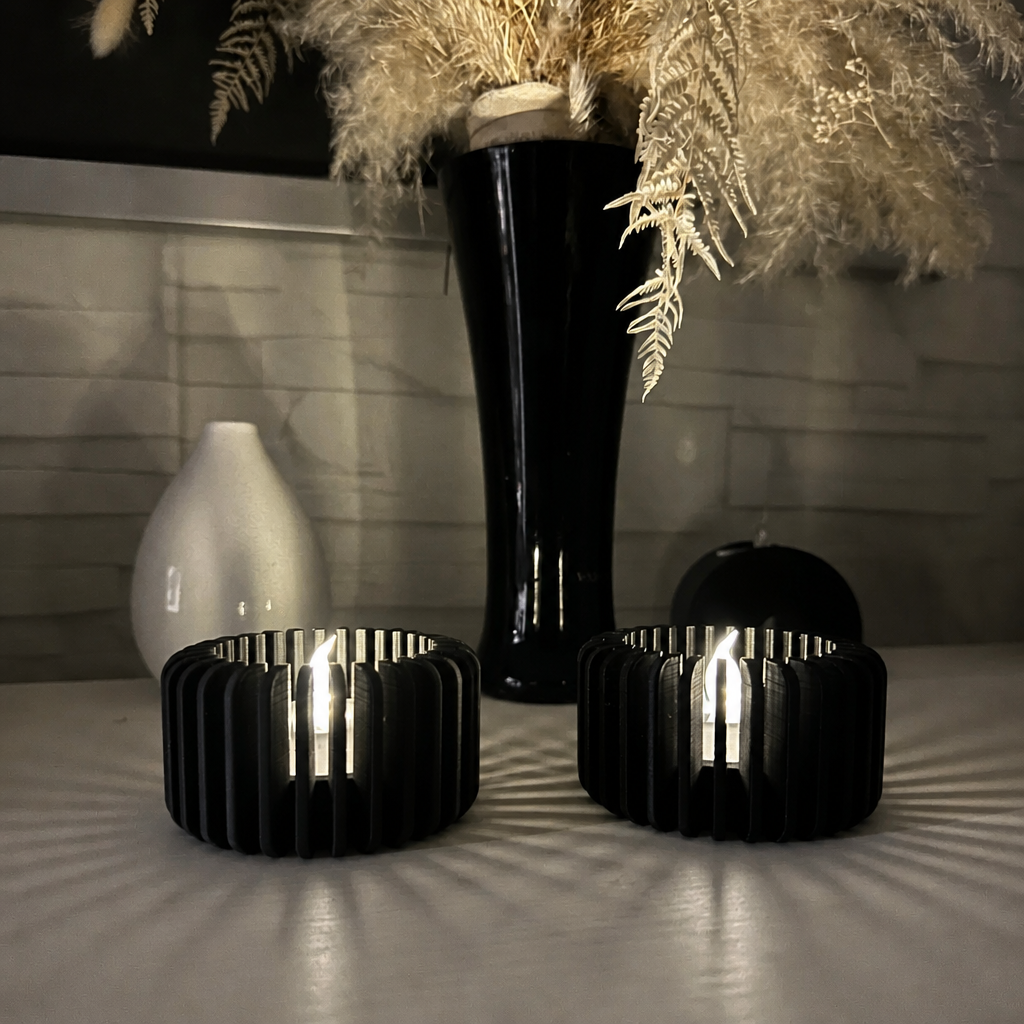 3D Baskı Modern Çizgili Mumluk - Tealight Mumluk (1 Adet)-Siyah