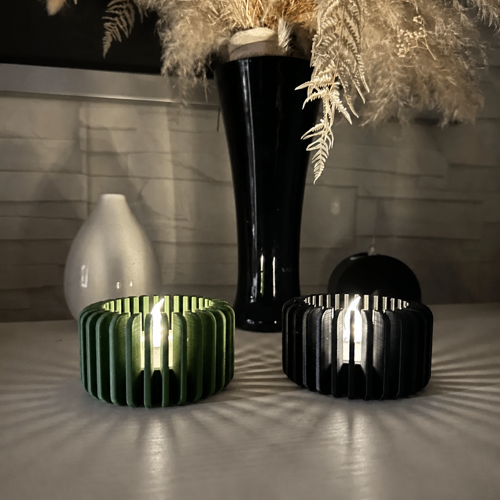 3D Baskı Modern Çizgili Mumluk - Tealight Mumluk (1 Adet)-Yeşil