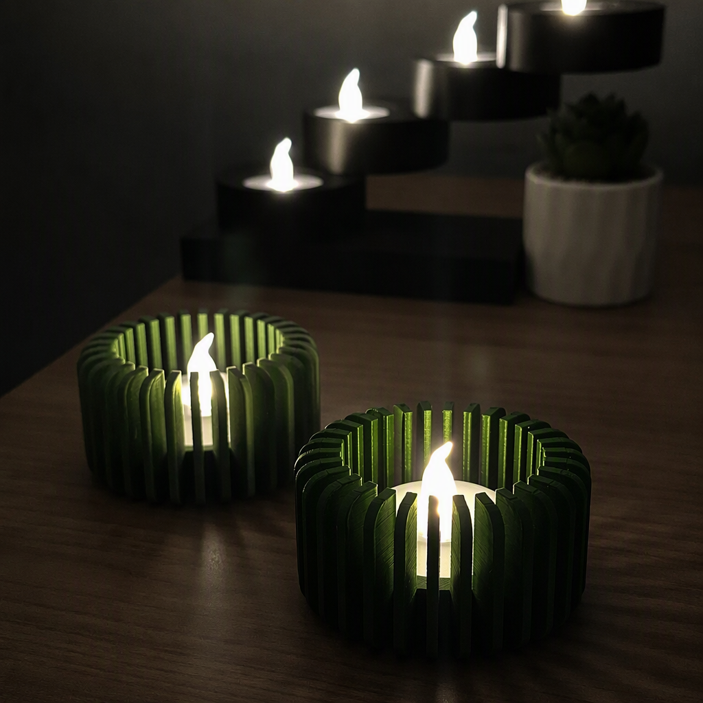 3D Baskı Modern Çizgili Mumluk - Tealight Mumluk (1 Adet)-Yeşil