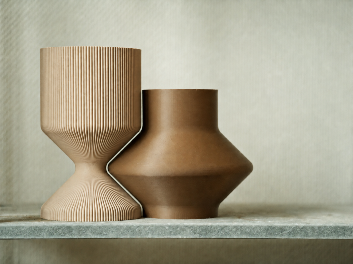 3D Baskı Modern Dekoratif İkili Vazo Seti - Minimalist Çizgili Çiçek Vazosu-Bej-Kahverengi