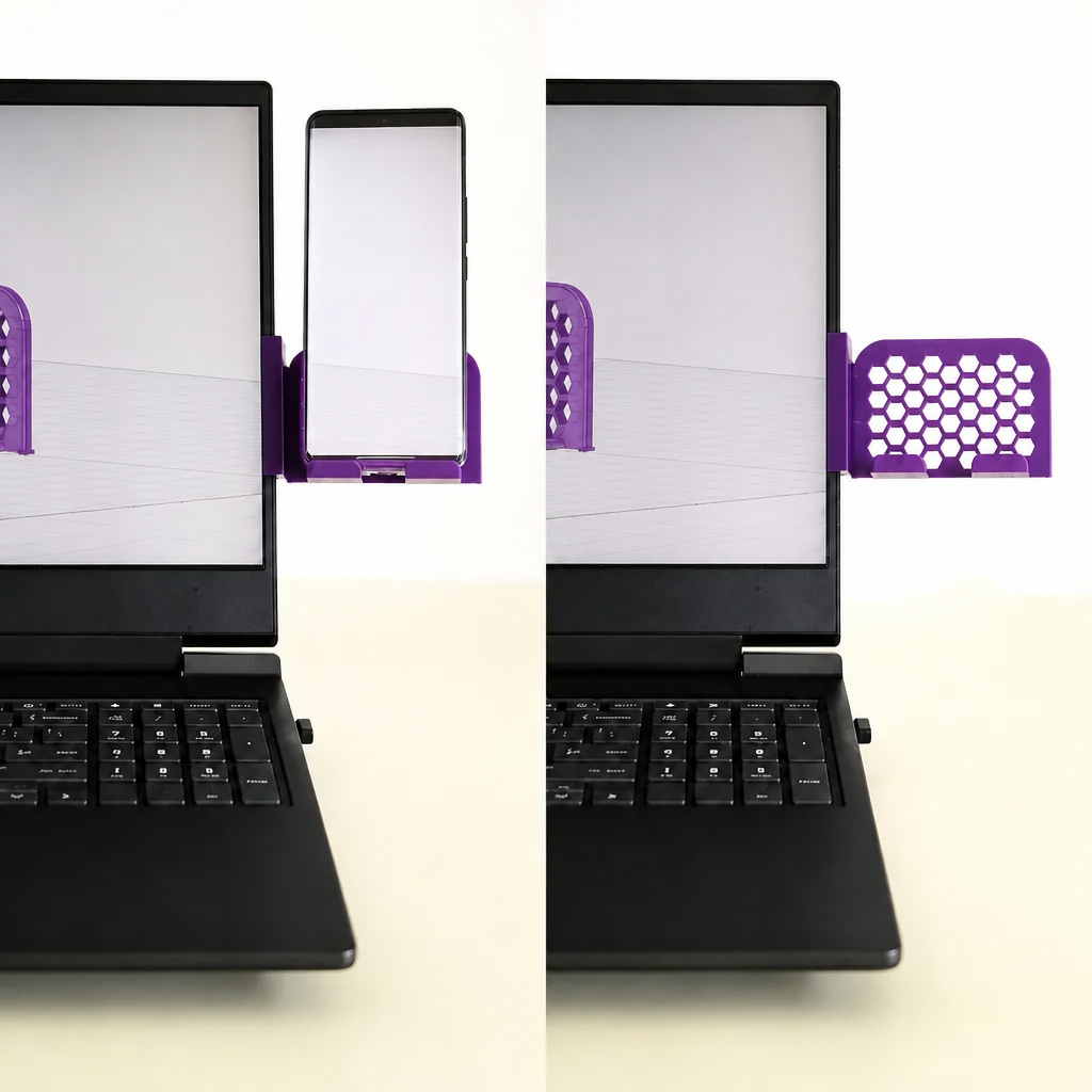 3D Baskı Monitor Telefon Tutucu - Petek Desenli Laptop Kenar Telefon Tutucu-Mor