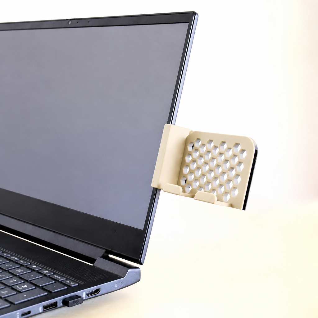 3D Baskı Monitor Telefon Tutucu - Petek Desenli Laptop Kenar Telefon Tutucu-Bej