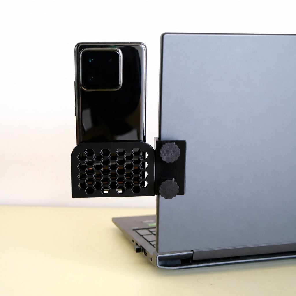 3D Baskı Monitor Telefon Tutucu - Petek Desenli Laptop Kenar Telefon Tutucu-Siyah