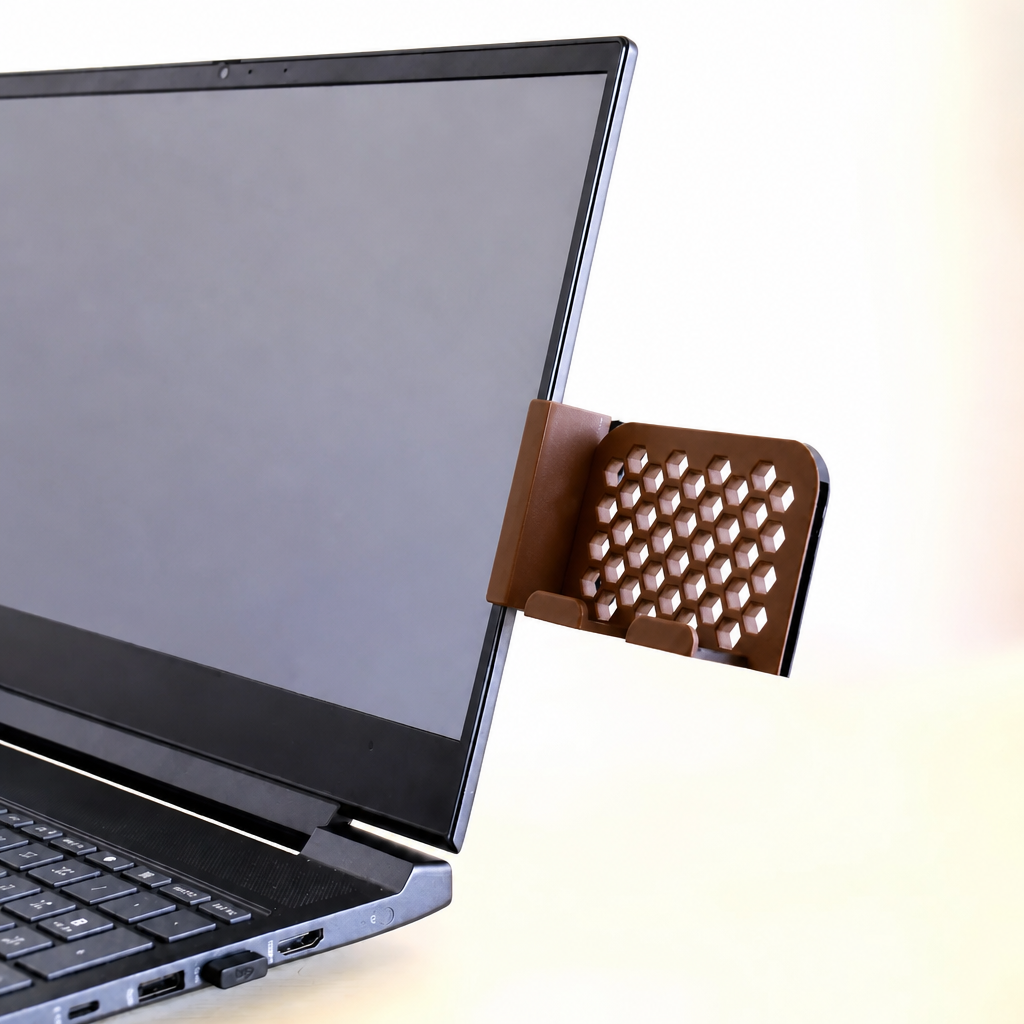 3D Baskı Monitor Telefon Tutucu - Petek Desenli Laptop Kenar Telefon Tutucu-Kahverengi
