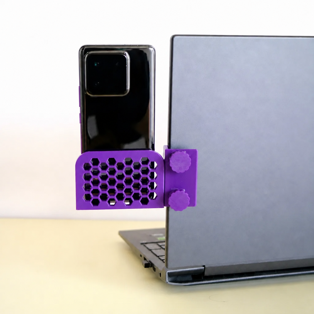 3D Baskı Monitor Telefon Tutucu - Petek Desenli Laptop Kenar Telefon Tutucu-Mor