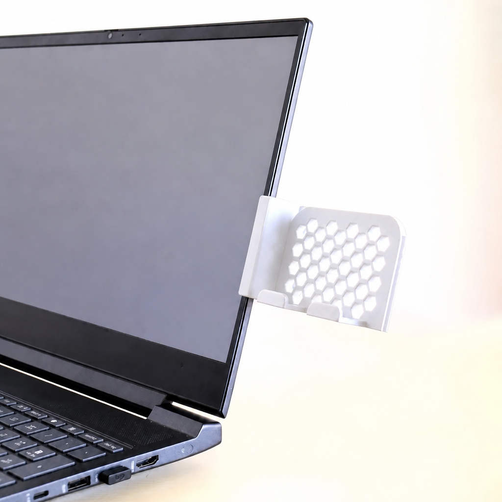 3D Baskı Monitor Telefon Tutucu - Petek Desenli Laptop Kenar Telefon Tutucu-Beyaz