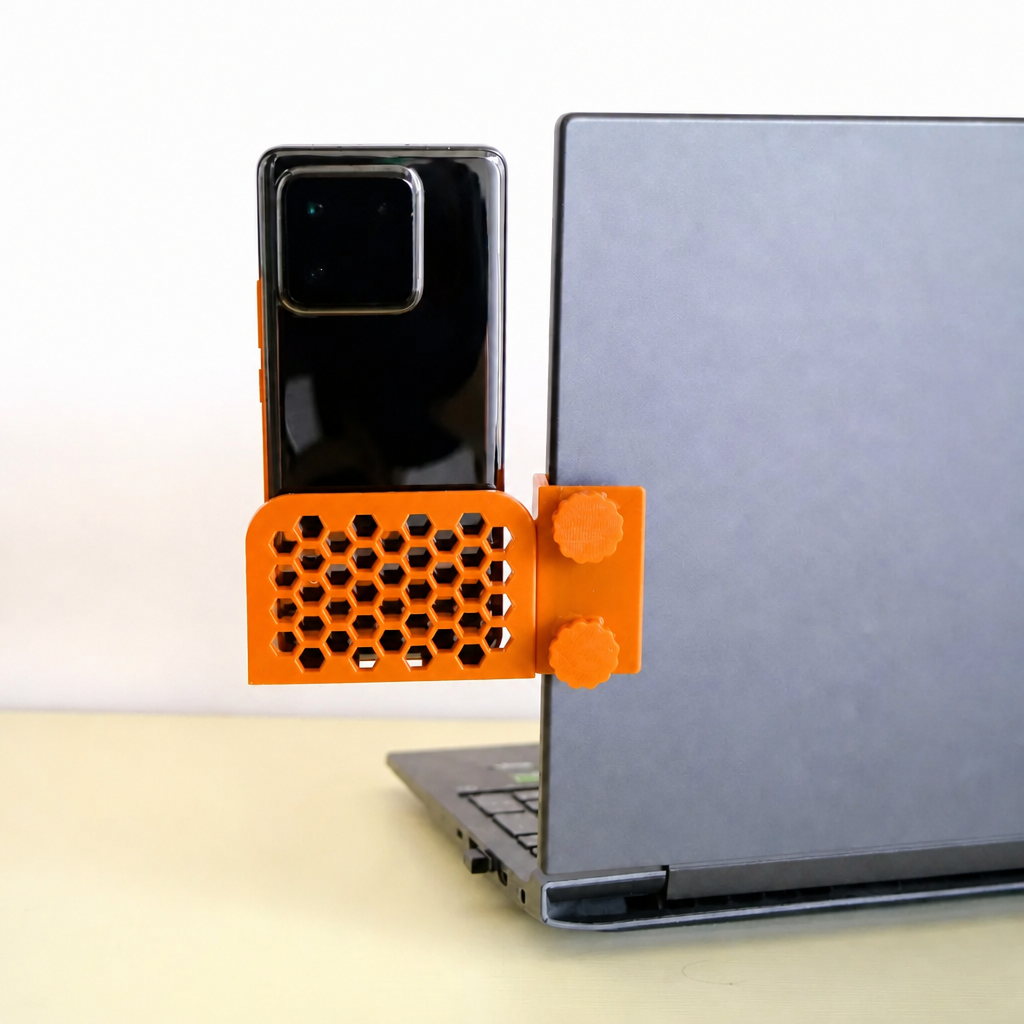 3D Baskı Monitor Telefon Tutucu - Petek Desenli Laptop Kenar Telefon Tutucu-Turuncu