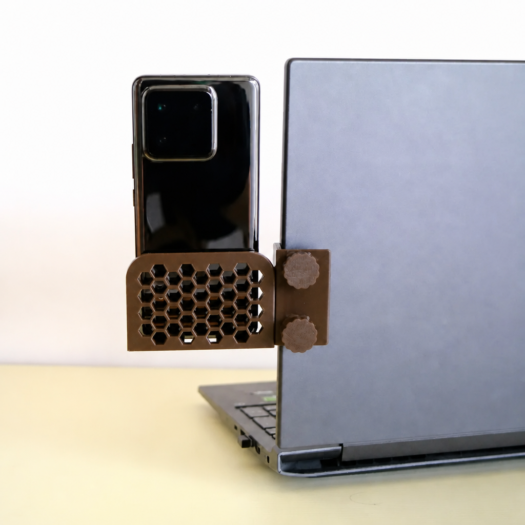 3D Baskı Monitor Telefon Tutucu - Petek Desenli Laptop Kenar Telefon Tutucu-Kahverengi