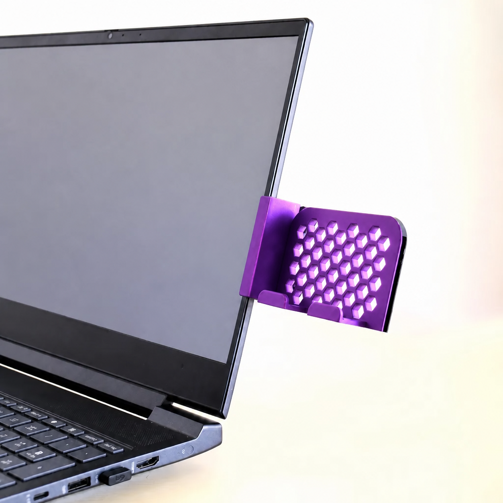 3D Baskı Monitor Telefon Tutucu - Petek Desenli Laptop Kenar Telefon Tutucu-Mor