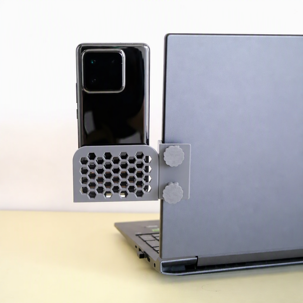 3D Baskı Monitor Telefon Tutucu - Petek Desenli Laptop Kenar Telefon Tutucu-Gri