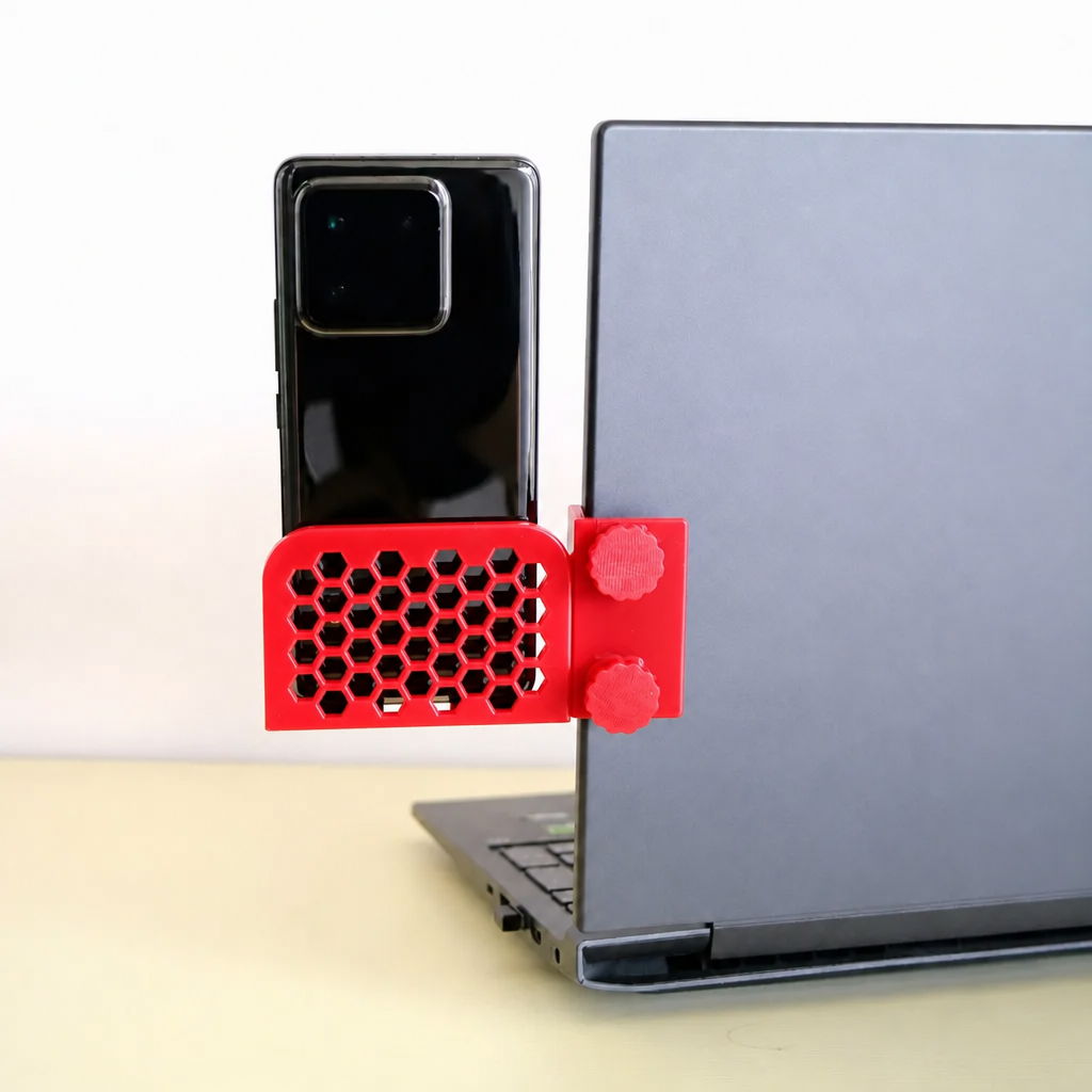 3D Baskı Monitor Telefon Tutucu - Petek Desenli Laptop Kenar Telefon Tutucu-Kırmızı