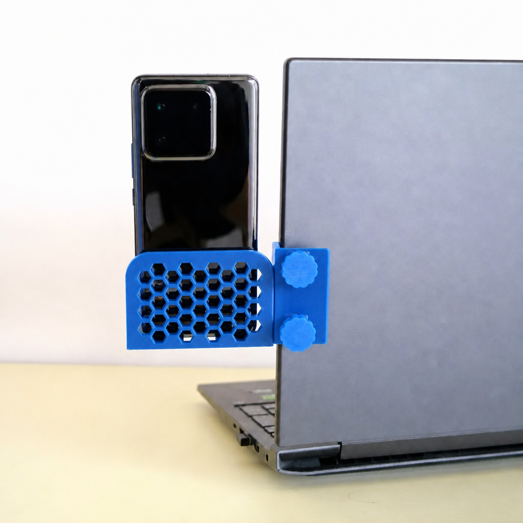 3D Baskı Monitor Telefon Tutucu - Petek Desenli Laptop Kenar Telefon Tutucu-Mavi