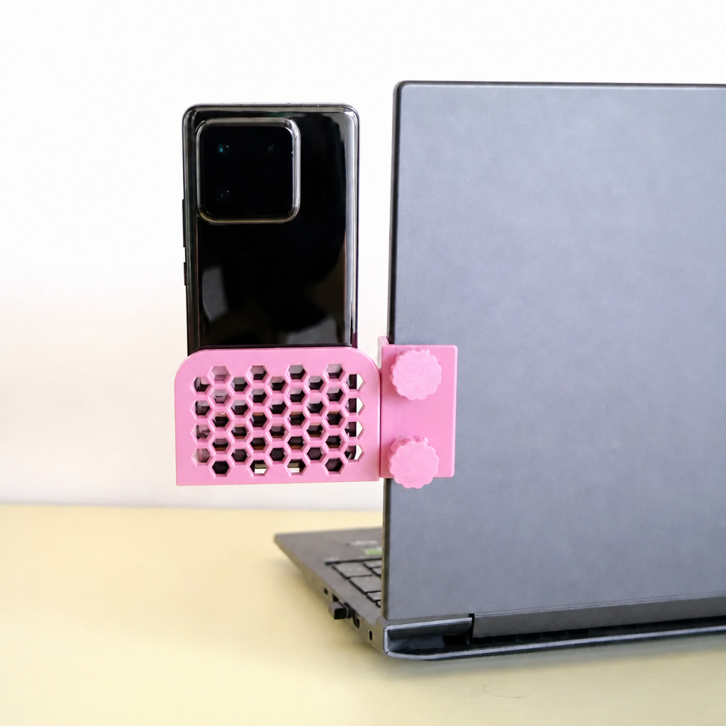 3D Baskı Monitor Telefon Tutucu - Petek Desenli Laptop Kenar Telefon Tutucu-Pembe