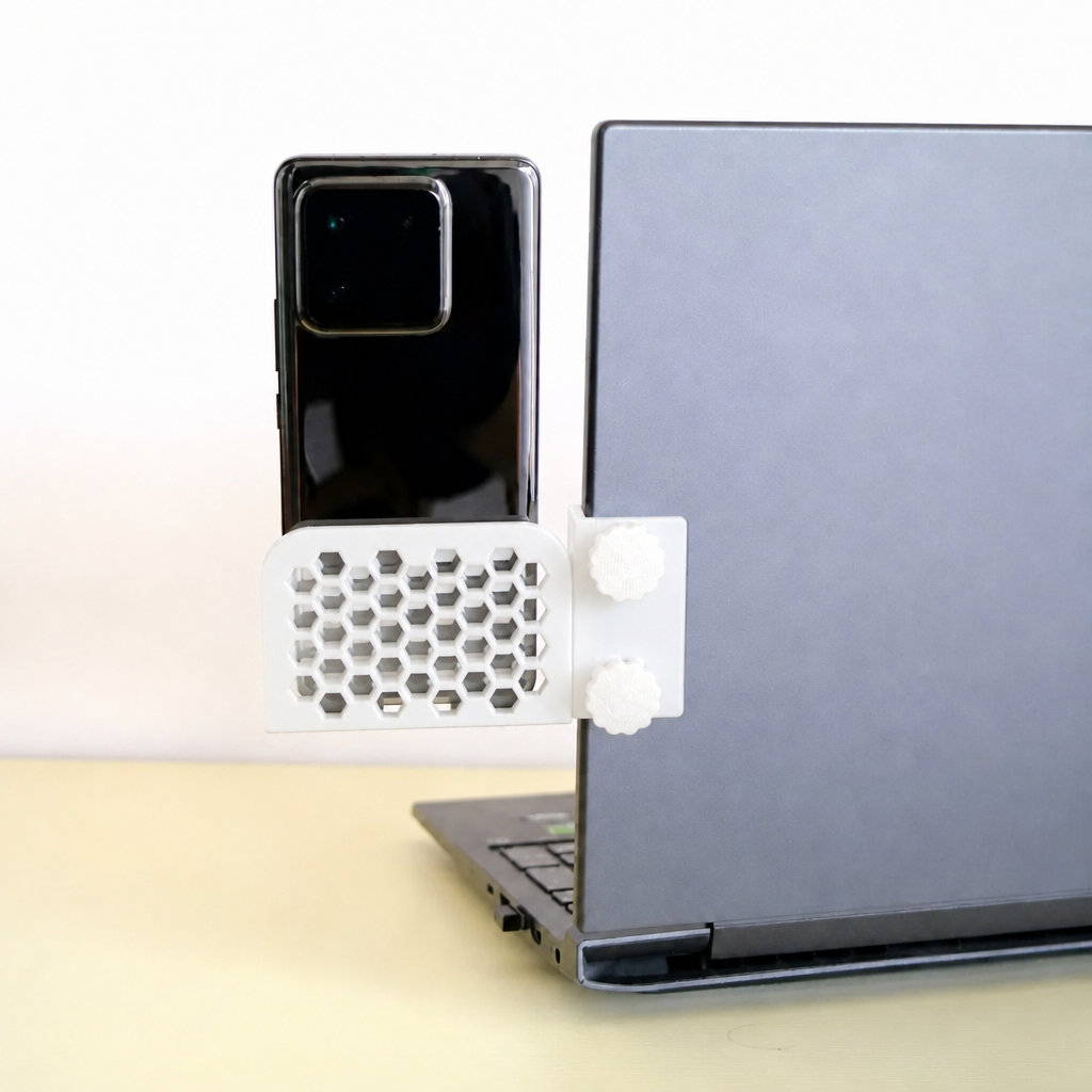 3D Baskı Monitor Telefon Tutucu - Petek Desenli Laptop Kenar Telefon Tutucu-Beyaz