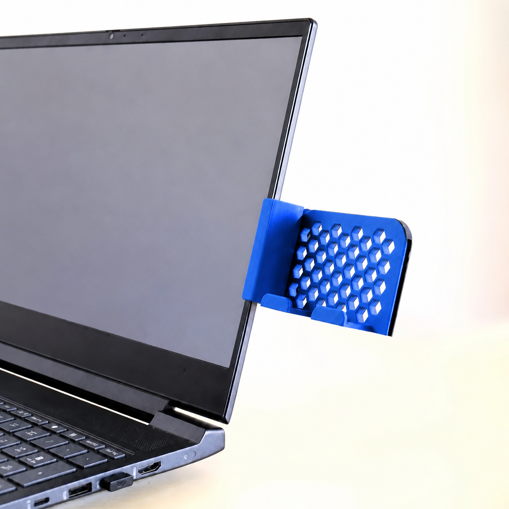 3D Baskı Monitor Telefon Tutucu - Petek Desenli Laptop Kenar Telefon Tutucu-Mavi