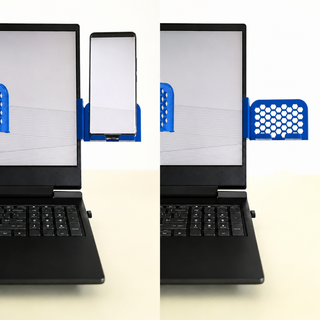 3D Baskı Monitor Telefon Tutucu - Petek Desenli Laptop Kenar Telefon Tutucu-Mavi