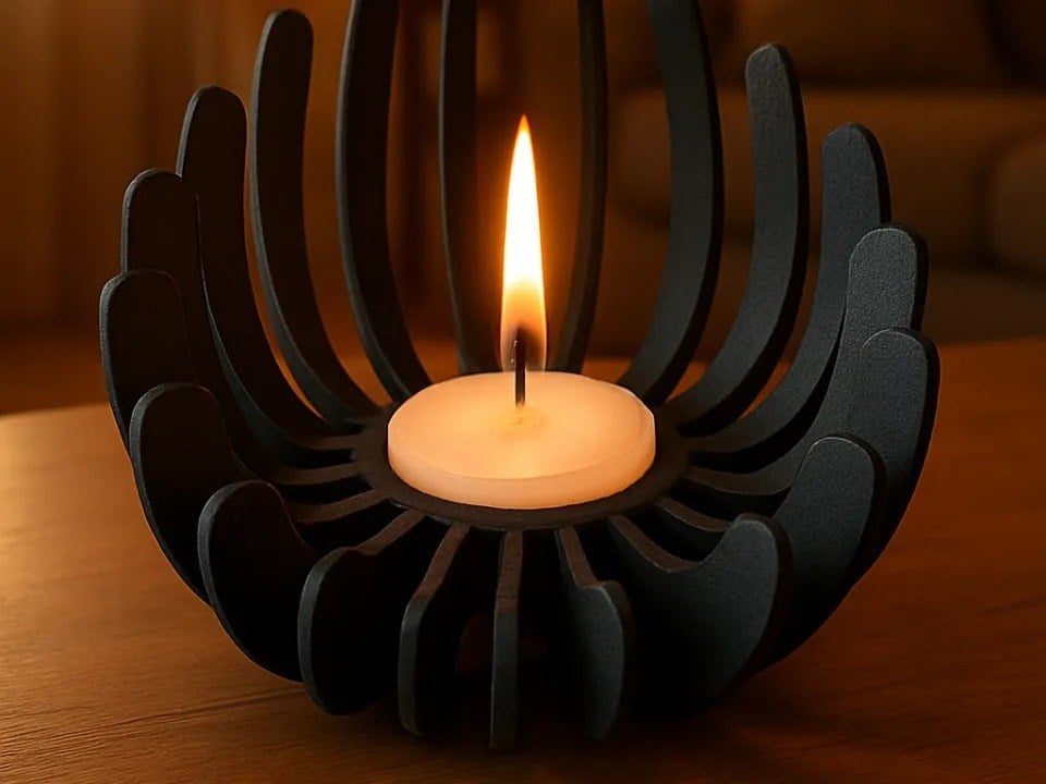3D Baskı Nilüfer Çiçeği Formlu Mumluk Tealight Mum Tutucu Yapıştırıcısız Geçmeli Dekoratif Mumluk Siyah