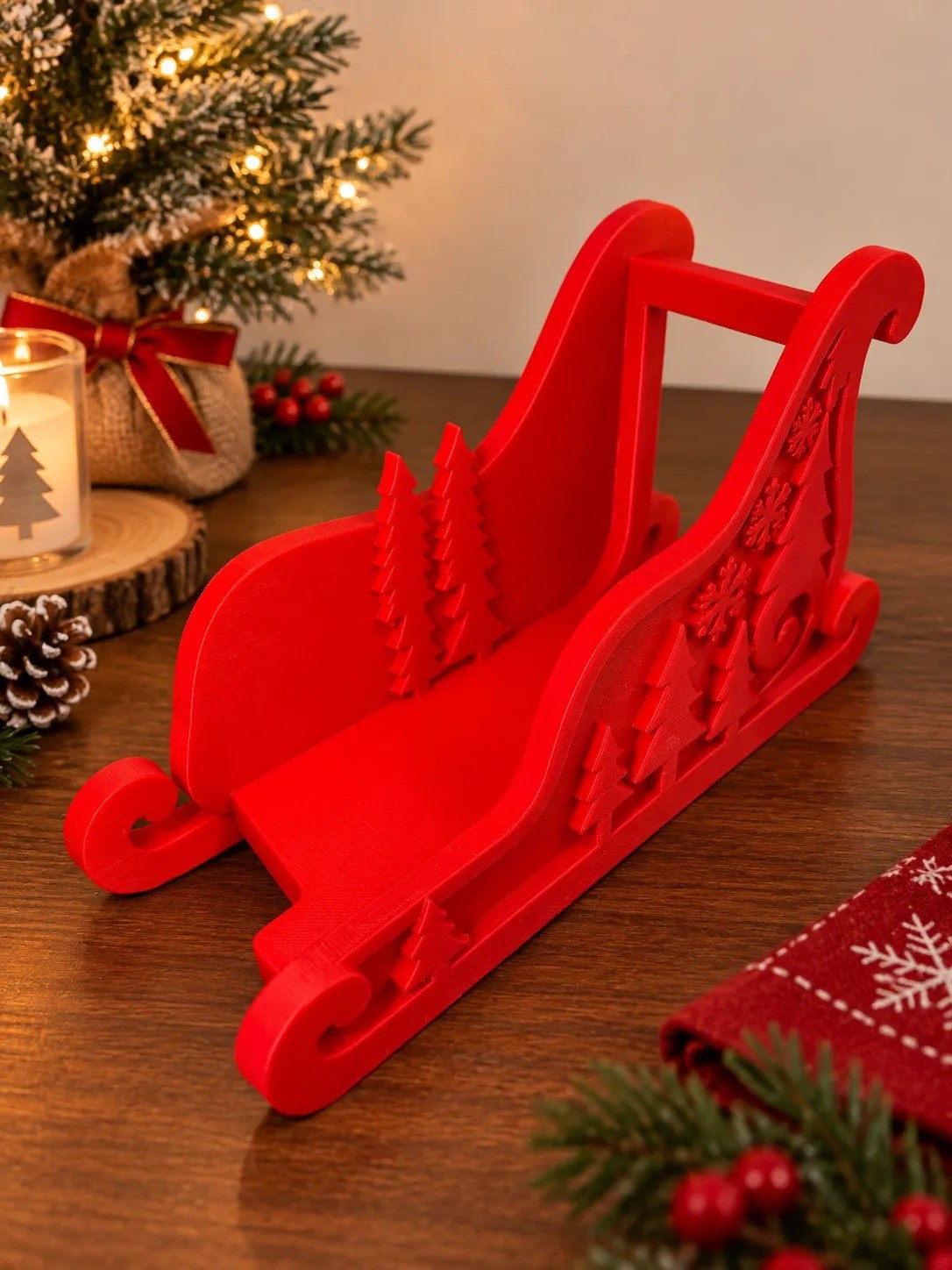 3D Baskı Noel Kızağı Formlu Yılbaşı Peçetelik Dekoratif Yeni Yıl Sofra Peçete Tutucu Kırmızı