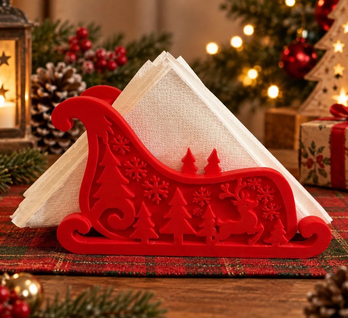 3D Baskı Noel Kızağı Formlu Yılbaşı Peçetelik Dekoratif Yeni Yıl Sofra Peçete Tutucu Kırmızı