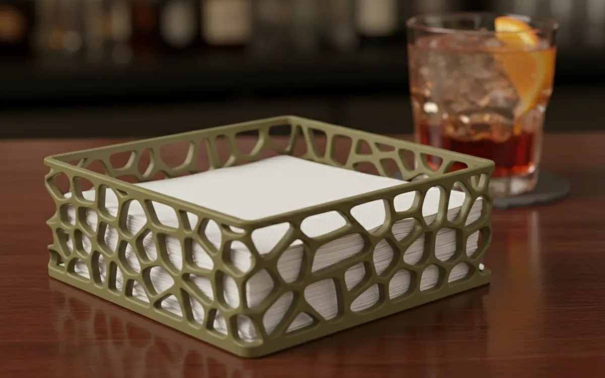 3D Baskı Organik Desenli Peçetelik Kokteyl Peçete Tutucu 12,5x12,5 cm Delikli Peçete Standı - Yeşil