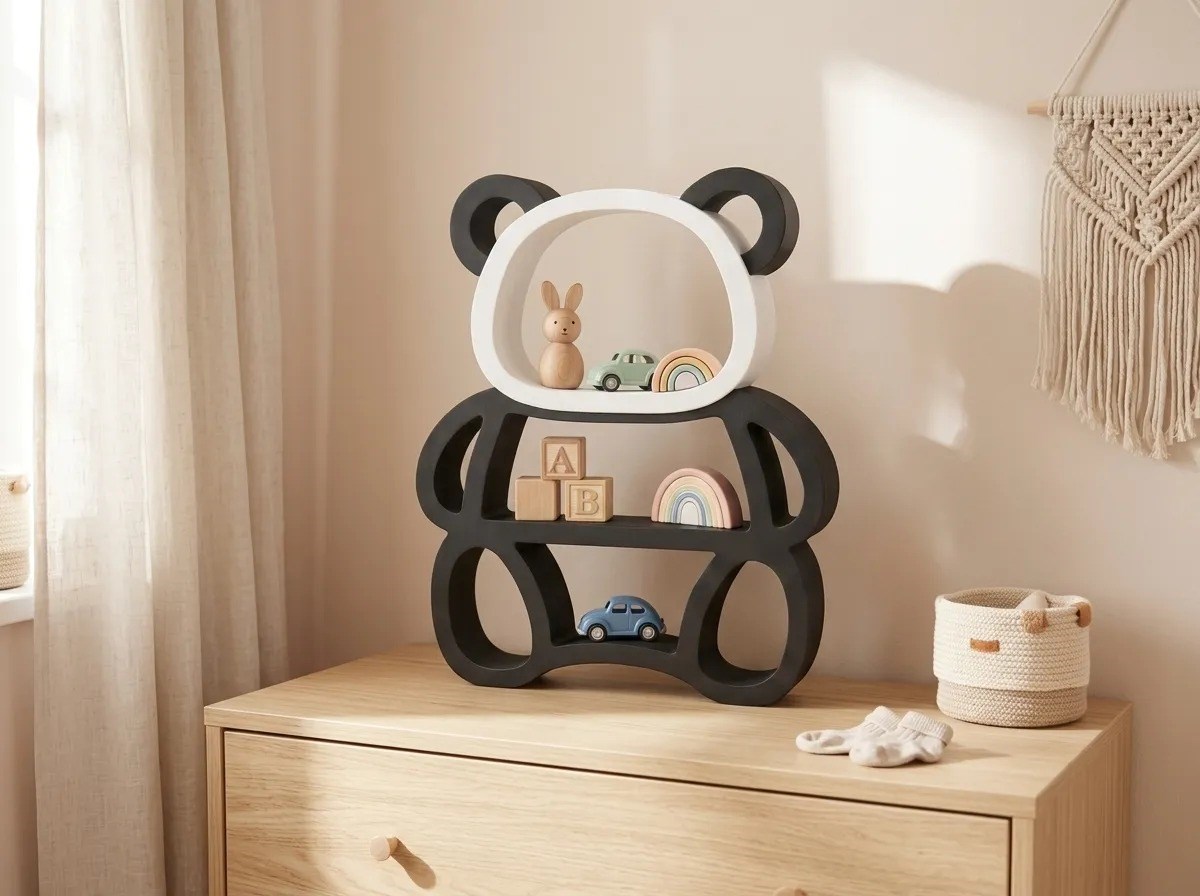 3D Baskı Panda Şeklinde Duvar ve Masa Rafı Çocuk Odası Oyuncak Rafı Siyah Beyaz Panda Kitaplık