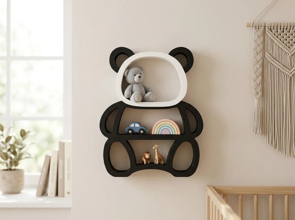 3D Baskı Panda Şeklinde Duvar ve Masa Rafı Çocuk Odası Oyuncak Rafı Siyah Beyaz Panda Kitaplık