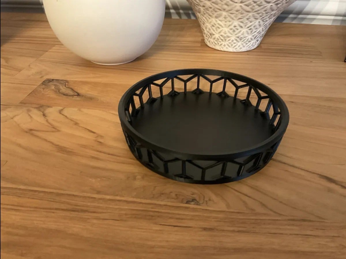 3D Baskı Petek Desenli Çok Amaçlı Tepsi Anahtar ve Takı Tepsisi Geometrik Kenarlı Masa Organizeri Siyah