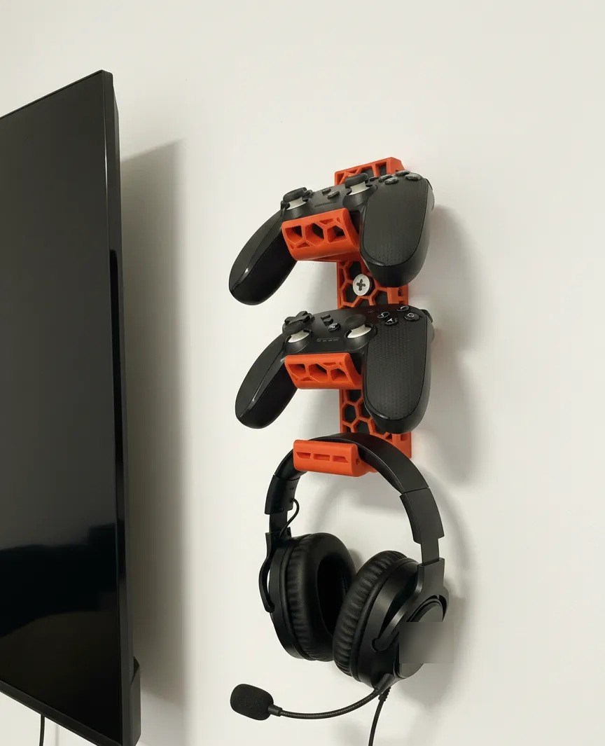 3D Baskı Petek Desenli Duvar Tipi İki Oyun Kolu ve Kulaklık Askısı Turuncu Gaming Odası Düzenleyici
