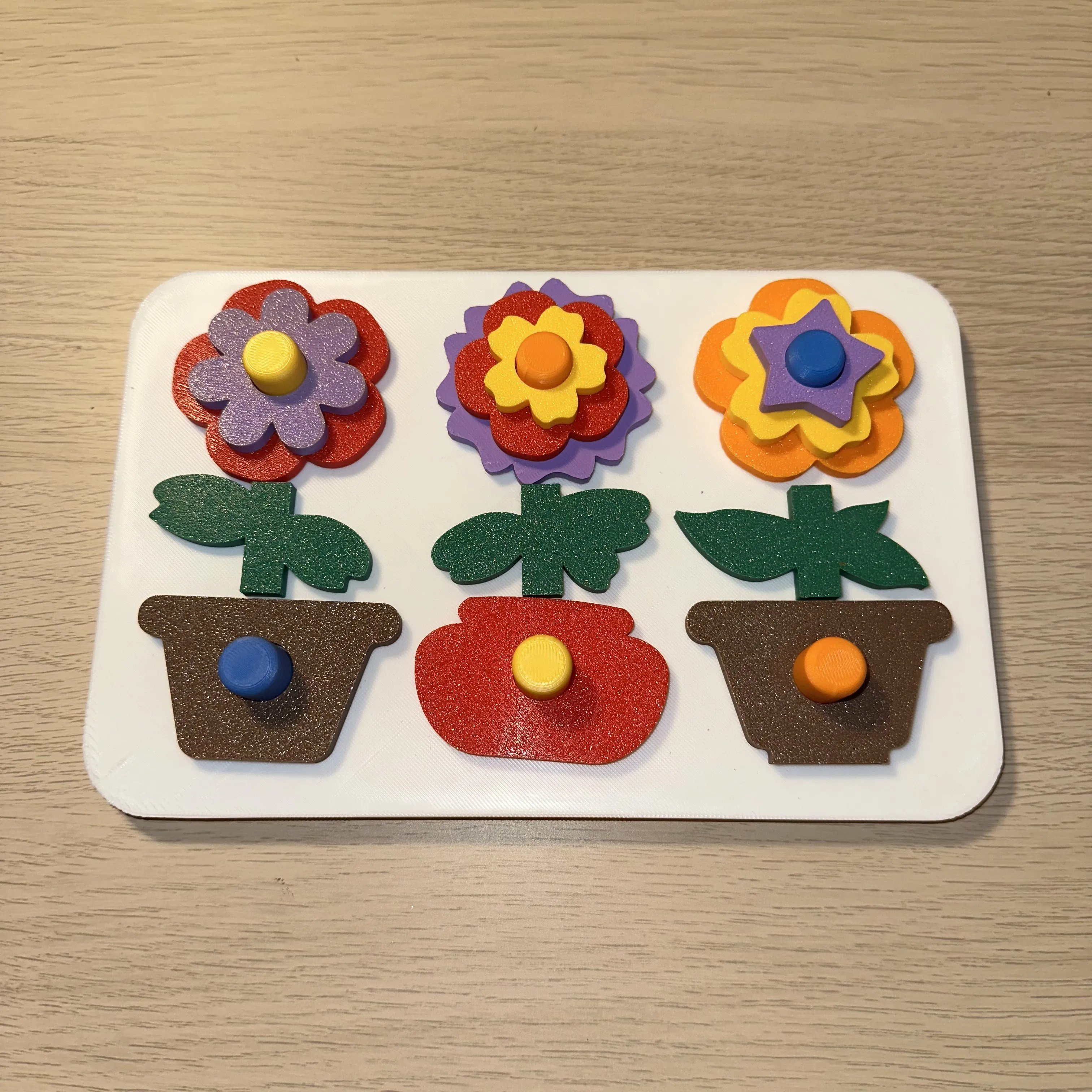 3D Baskı Saksıda Çiçek Puzzle Tahtası - Katmanlı Çiçek İnşa Etme ve Renk Eşleştirme Seti, Montessori Oyuncak