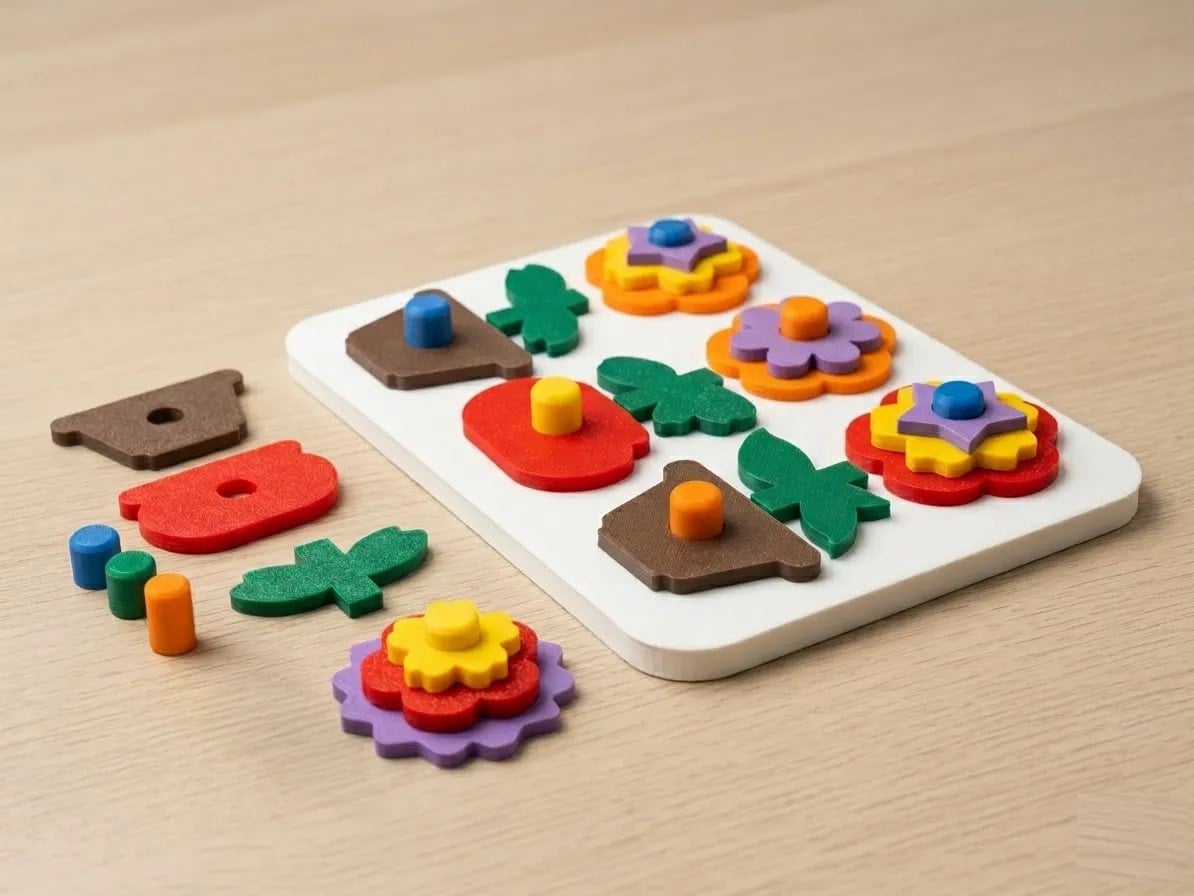 3D Baskı Saksıda Çiçek Puzzle Tahtası - Katmanlı Çiçek İnşa Etme ve Renk Eşleştirme Seti, Montessori Oyuncak