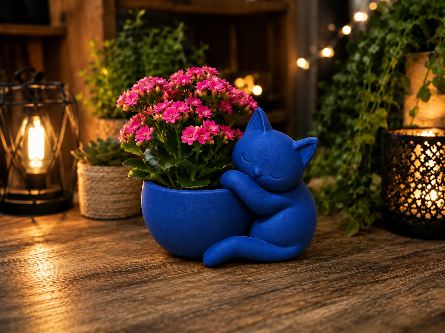 3D Baskı Sarılan Kedi Saksı - Sevimli Dekoratif Saksı - Mavi