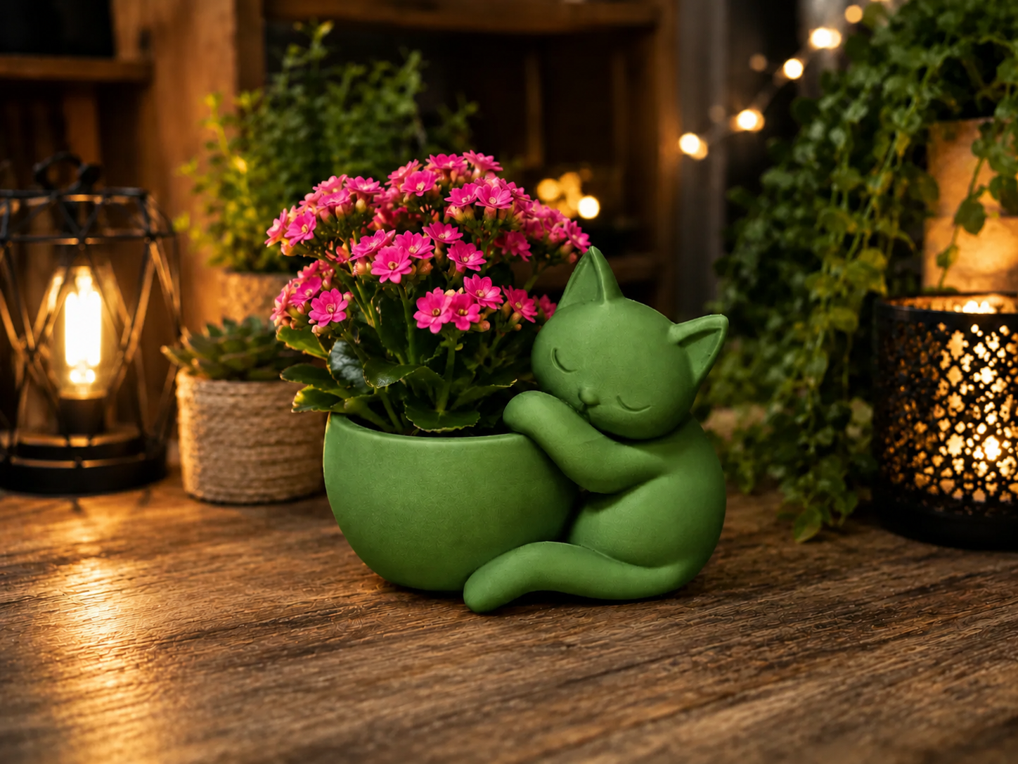 3D Baskı Sarılan Kedi Saksı - Sevimli Dekoratif Saksı - Yeşil